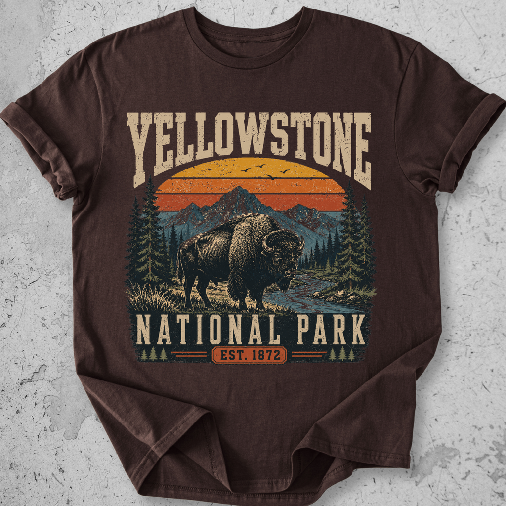 Yellowstone National Park bison retro sunset t-shirt expresso mountain landscape Est 1872 graphic tee