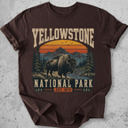 Yellowstone National Park bison retro sunset t-shirt expresso mountain landscape Est 1872 graphic tee