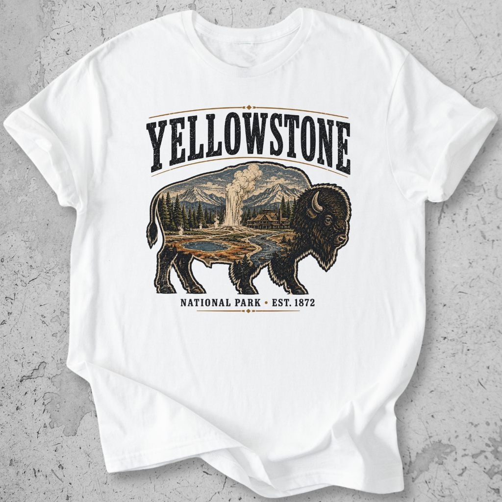 Yellowstone National Park bison scene t-shirt  white  Old Faithful landscape graphic tee