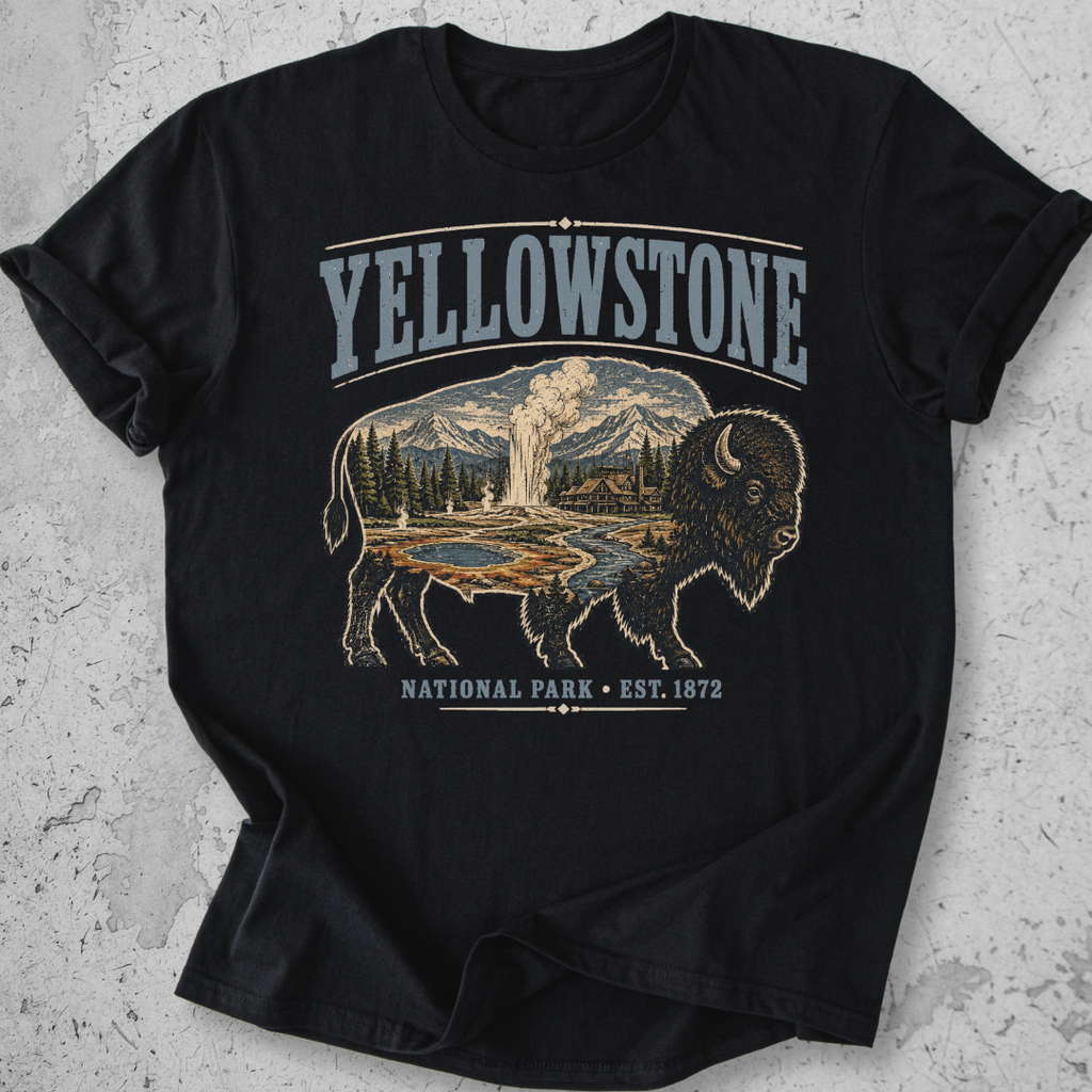 Yellowstone National Park bison scene t-shirt Black  Old Faithful landscape graphic tee