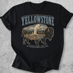Yellowstone National Park bison scene t-shirt Black  Old Faithful landscape graphic tee