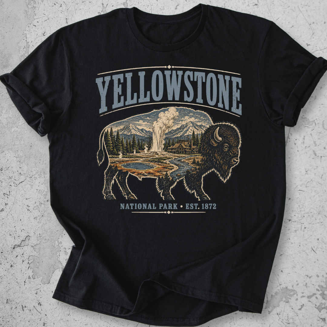 Yellowstone National Park bison scene t-shirt Black  Old Faithful landscape graphic tee