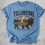 Yellowstone National Park bison scene t-shirt Blue Old Faithful landscape graphic tee