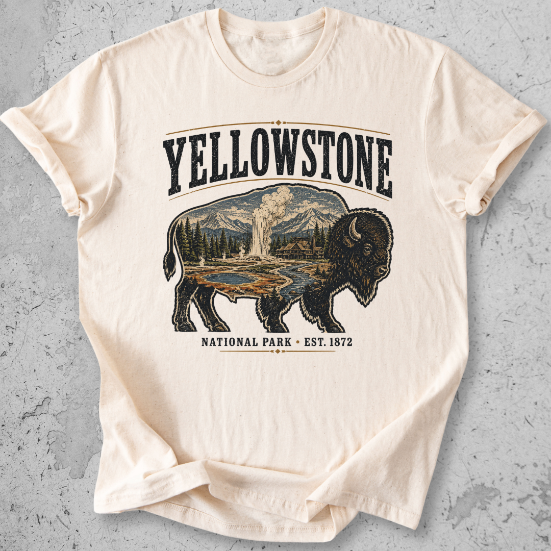 Yellowstone National Park bison scene t-shirt Natural Old Faithful landscape graphic tee