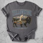 Yellowstone National Park bison scene t-shirt charcoal Old Faithful landscape graphic tee