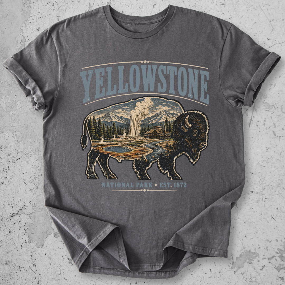 Yellowstone National Park bison scene t-shirt charcoal Old Faithful landscape graphic tee