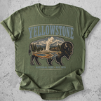 Yellowstone National Park bison scene t-shirt green Old Faithful landscape graphic tee