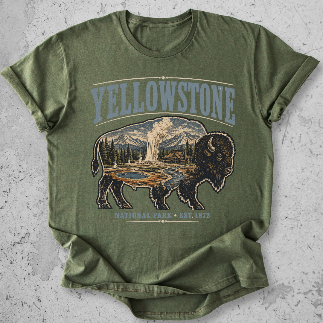 Yellowstone National Park bison scene t-shirt green Old Faithful landscape graphic tee