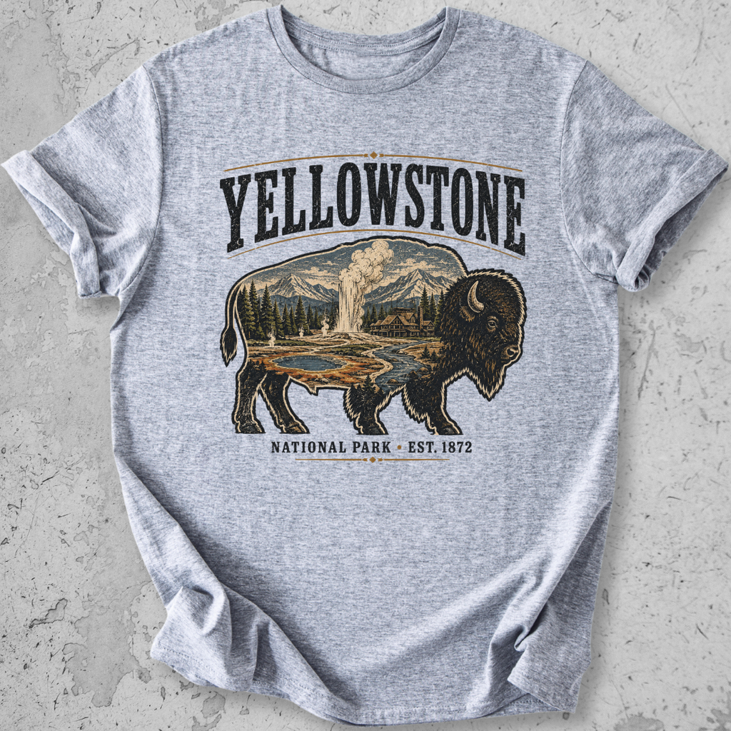 Yellowstone National Park bison scene t-shirt grey  Old Faithful landscape graphic tee