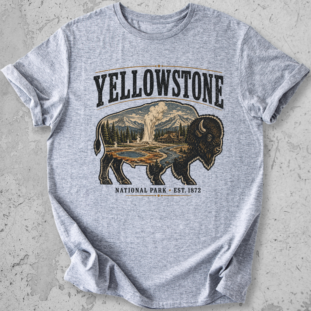 Yellowstone National Park bison scene t-shirt grey  Old Faithful landscape graphic tee