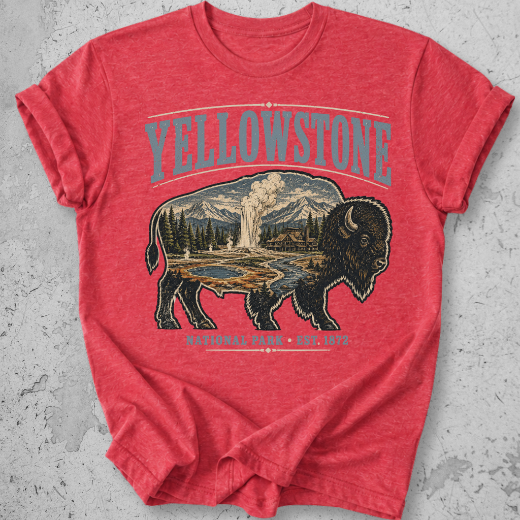 Yellowstone National Park bison scene t-shirt red Old Faithful landscape graphic teeYellowstone National Park bison scene t-shirt green Old Faithful landscape graphic tee