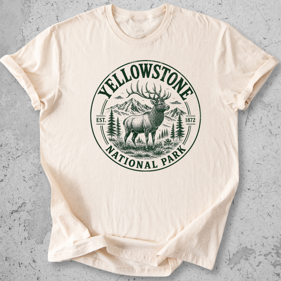 Yellowstone National Park elk medallion t-shirt Natural vintage badge graphic tee Est 1872
