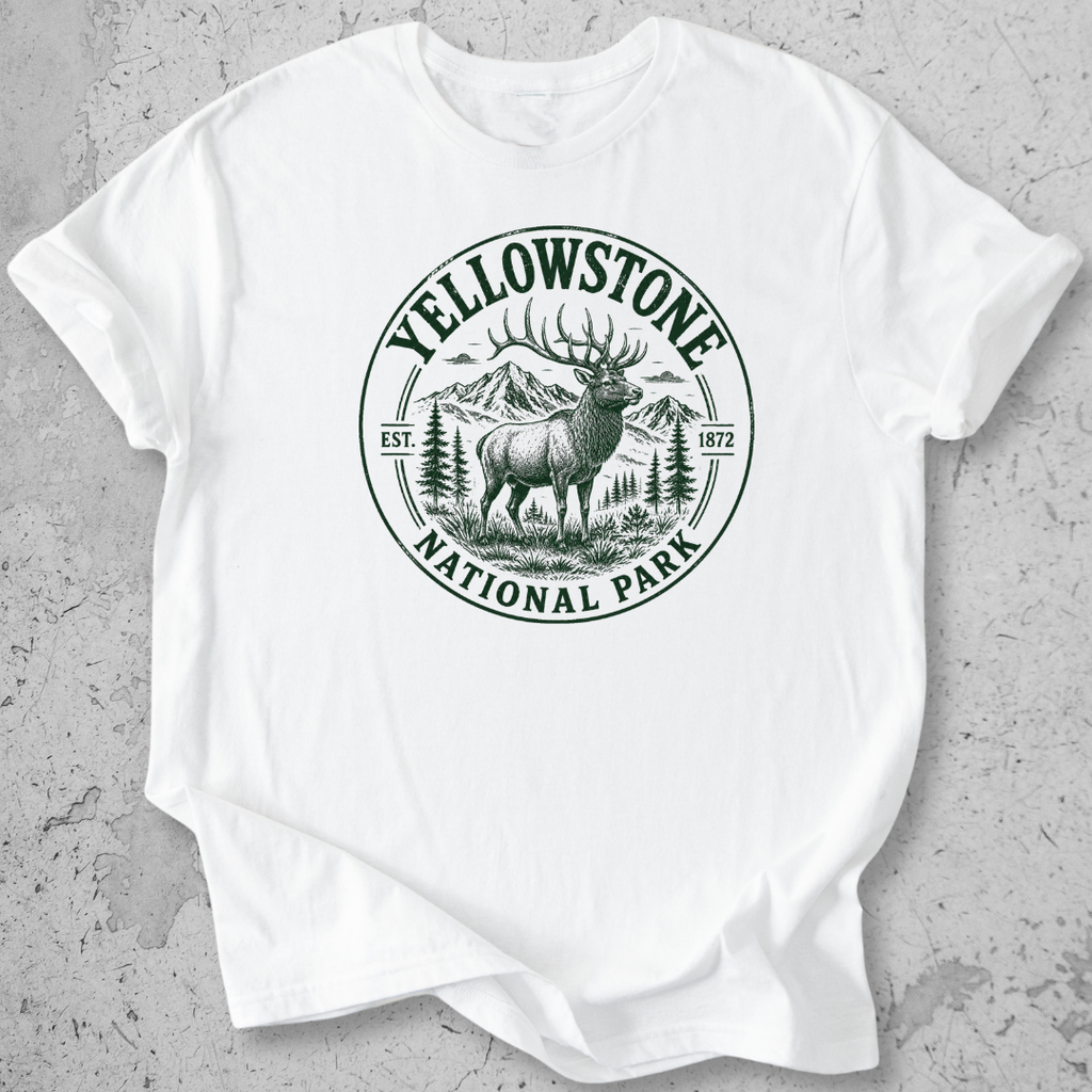 Yellowstone National Park elk medallion t-shirt white vintage badge graphic tee Est 1872