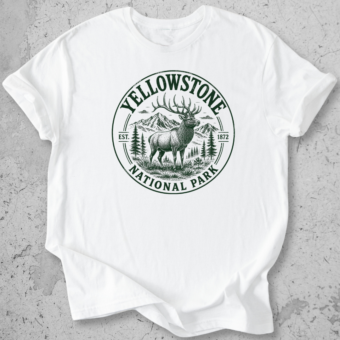 Yellowstone National Park elk medallion t-shirt white vintage badge graphic tee Est 1872