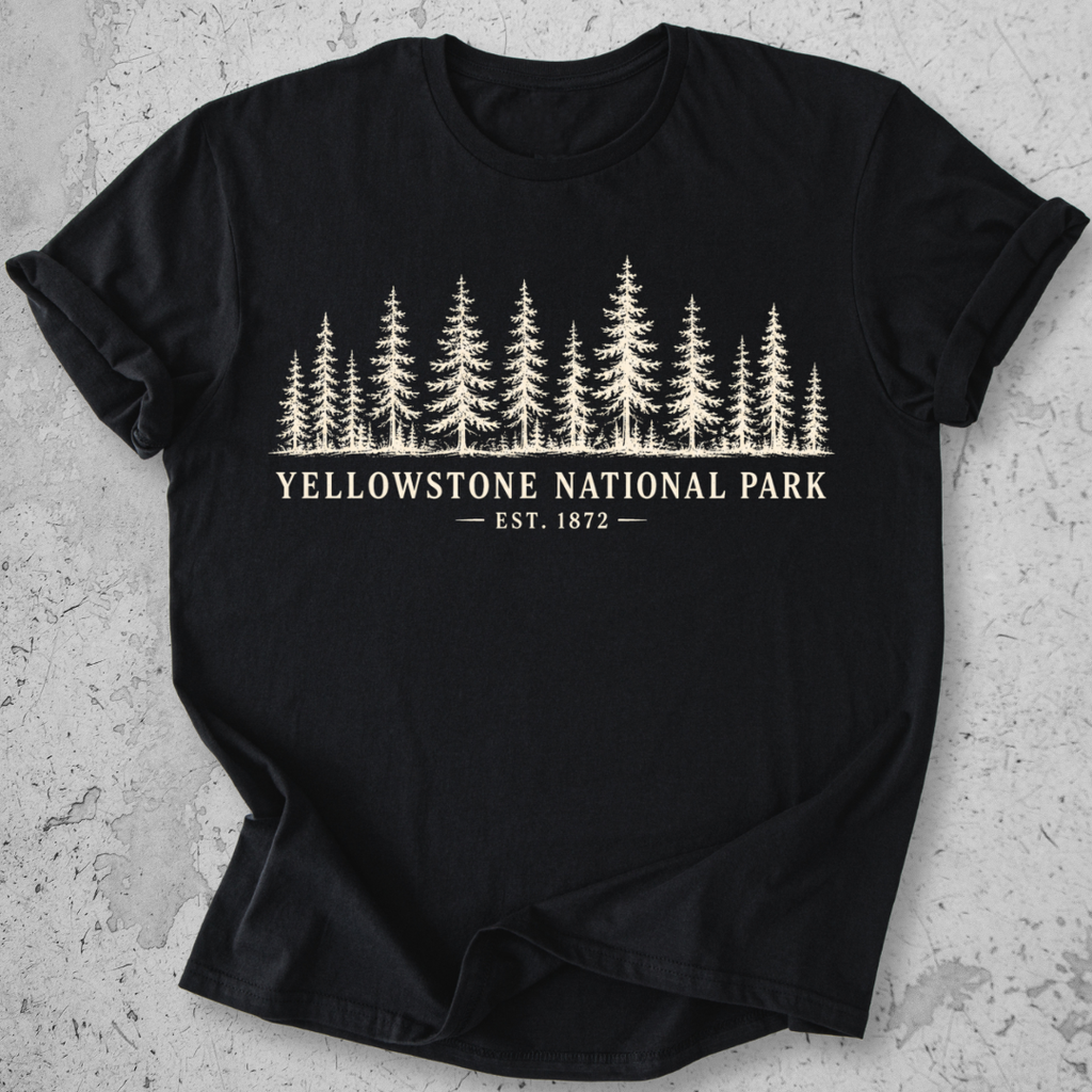Yellowstone National Park forest Black t-shirt natural pine tree treeline graphic tee Est 1872 