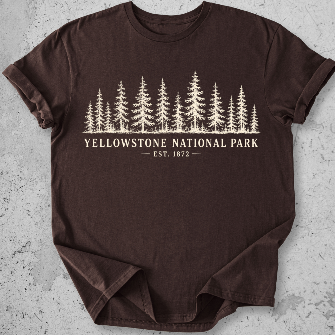 Yellowstone National Park forest Chocolate  t-shirt natural pine tree treeline graphic tee Est 1872 