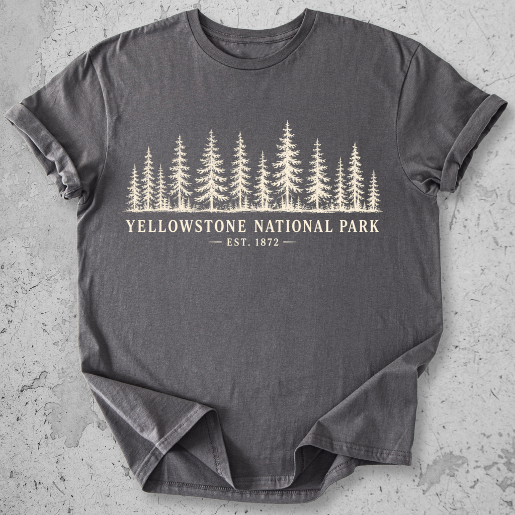 Yellowstone National Park forest Grey  t-shirt natural green pine tree treeline graphic tee Est 1872 