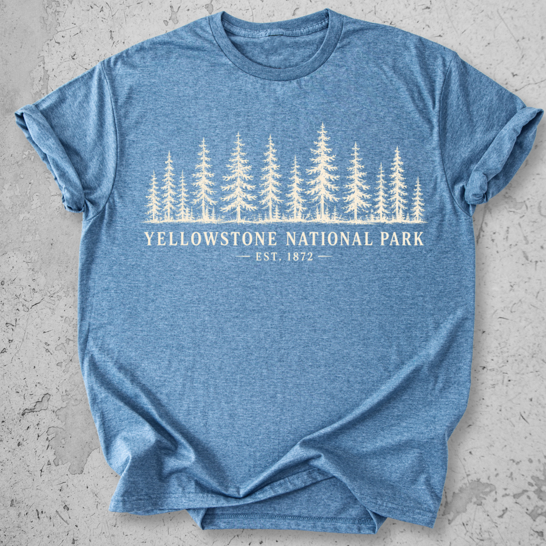 Yellowstone National Park forest Indigo Blue t-shirt natural pine tree treeline graphic tee Est 1872 