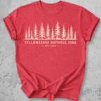 Yellowstone National Park forest heather red t-shirt natural pine tree treeline graphic tee Est 1872 