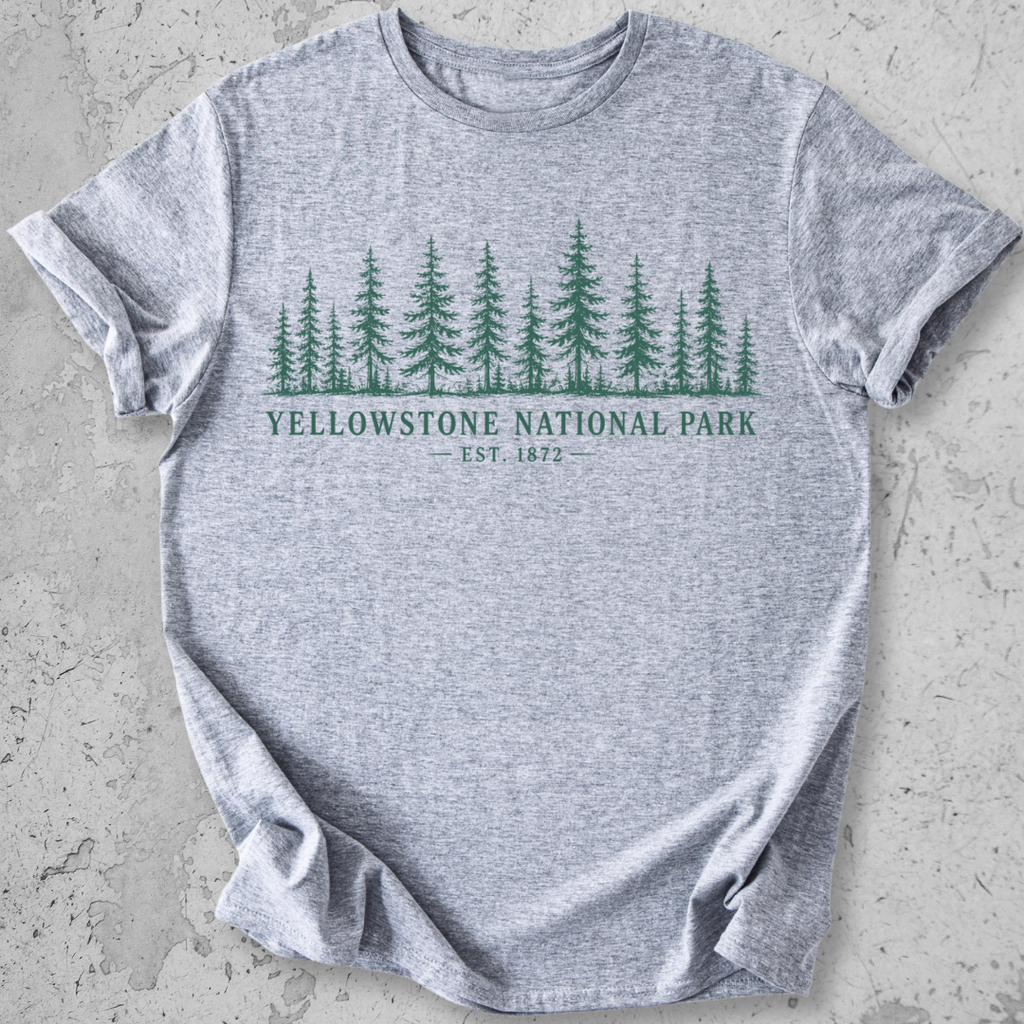 Yellowstone National Park forest grey t-shirt natural pine tree treeline graphic tee Est 1872 