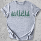 Yellowstone National Park forest grey t-shirt natural pine tree treeline graphic tee Est 1872 