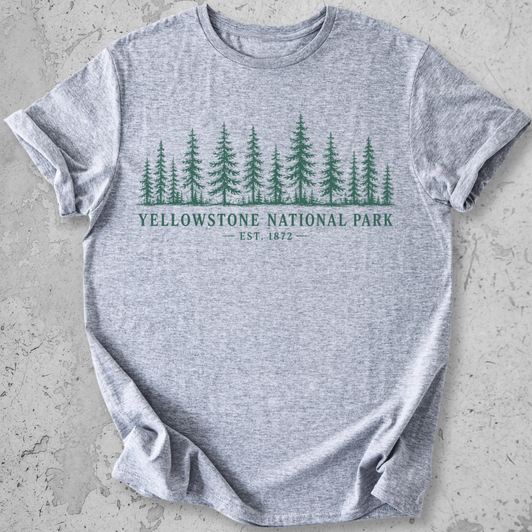 Yellowstone National Park forest grey t-shirt natural pine tree treeline graphic tee Est 1872 