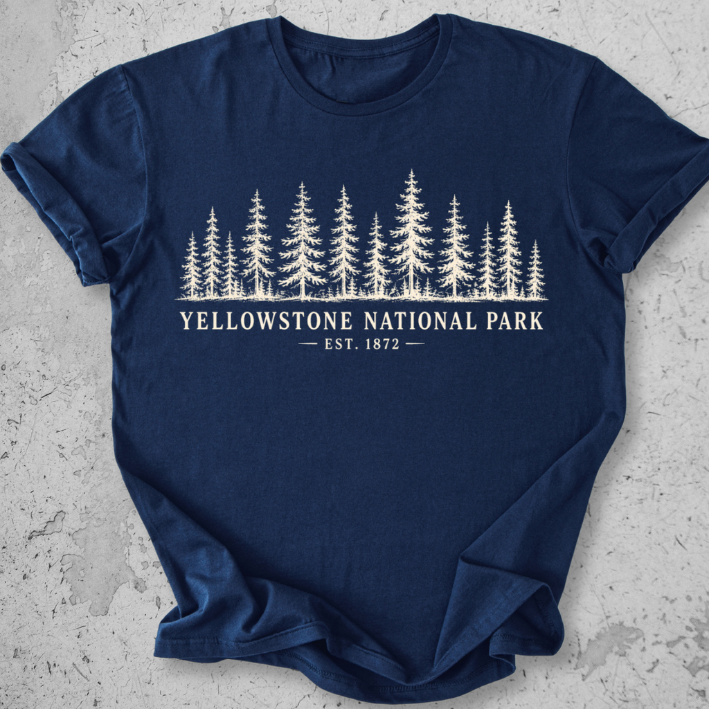 Yellowstone National Park forest navy t-shirt natural pine tree treeline graphic tee Est 1872 