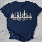 Yellowstone National Park forest navy t-shirt natural pine tree treeline graphic tee Est 1872 