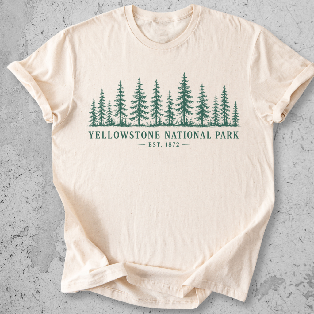 Yellowstone National Park forest t-shirt natural cream pine tree treeline graphic tee Est 1872 green