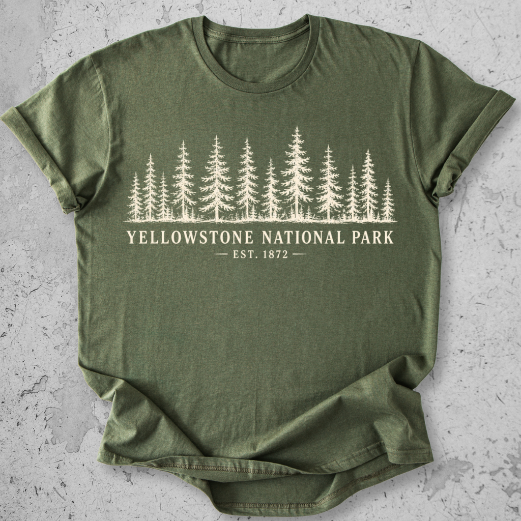 Yellowstone National Park forest t-shirt natural green pine tree treeline graphic tee Est 1872 green