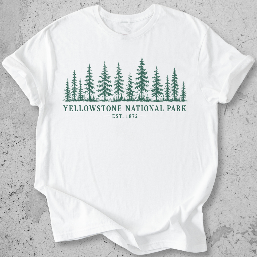 Yellowstone National Park forest white t-shirt natural pine tree treeline graphic tee Est 1872 