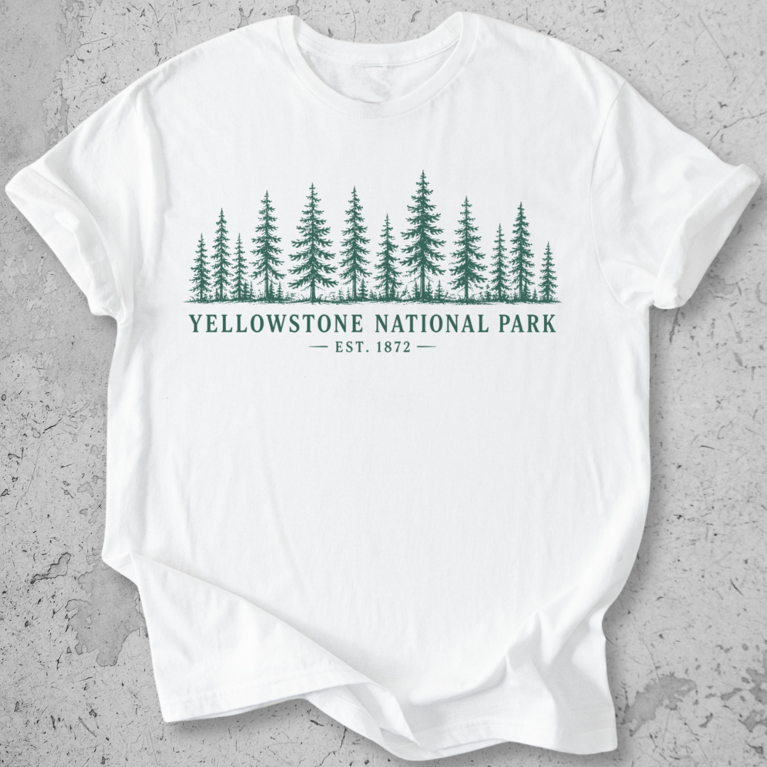 Yellowstone National Park forest white t-shirt natural pine tree treeline graphic tee Est 1872 