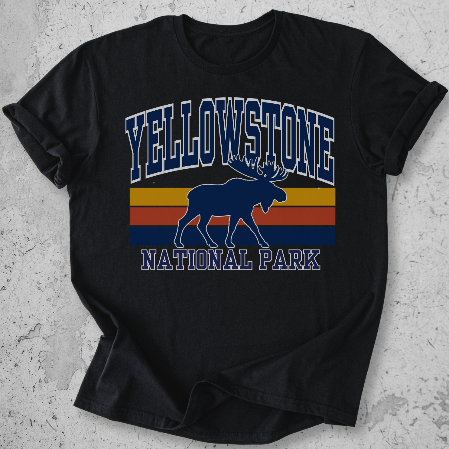 Yellowstone National Park moose retro Black stripe t-shirt  navy gold vintage graphic tee