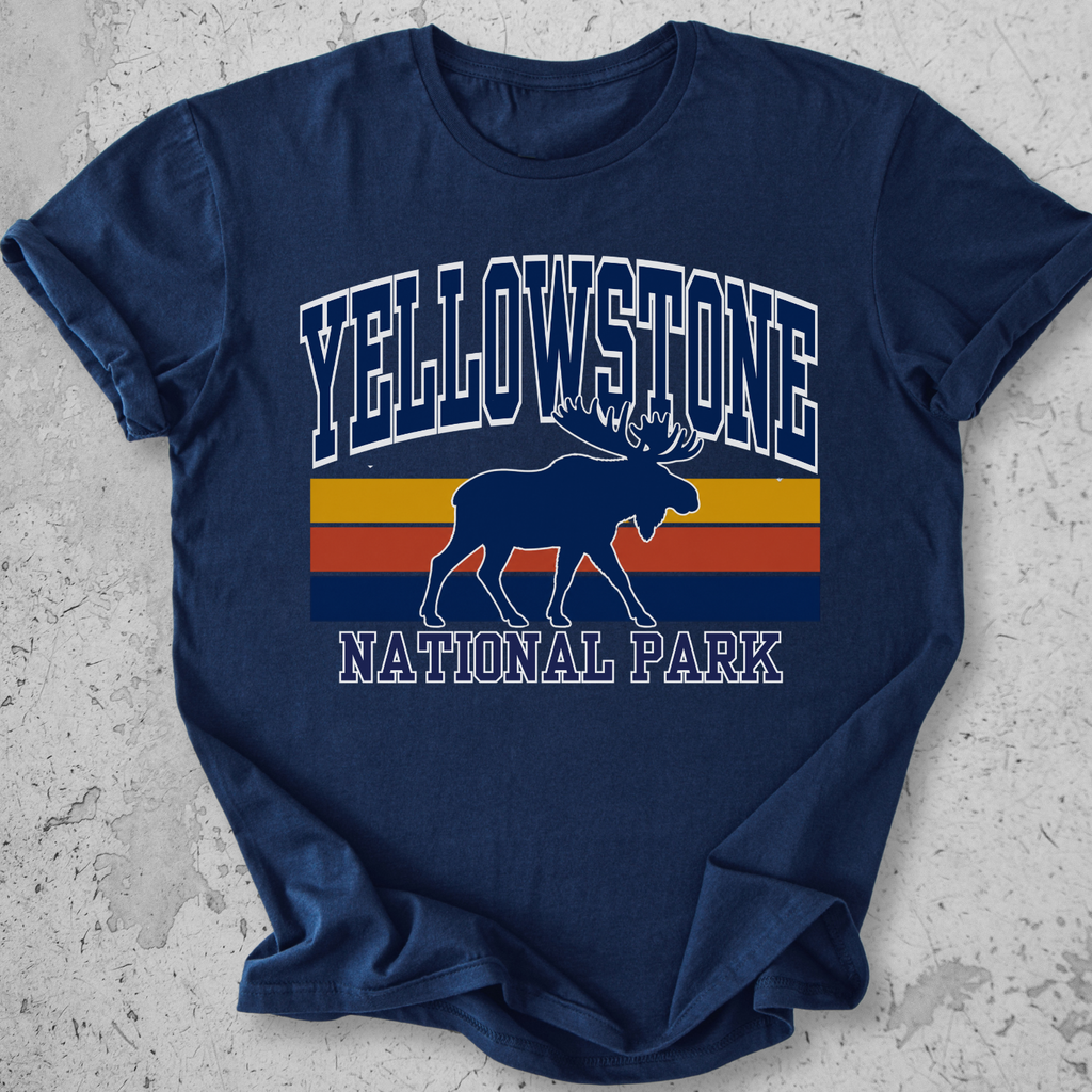 Yellowstone National Park moose retro  Navy stripe t-shirt  navy gold vintage graphic tee