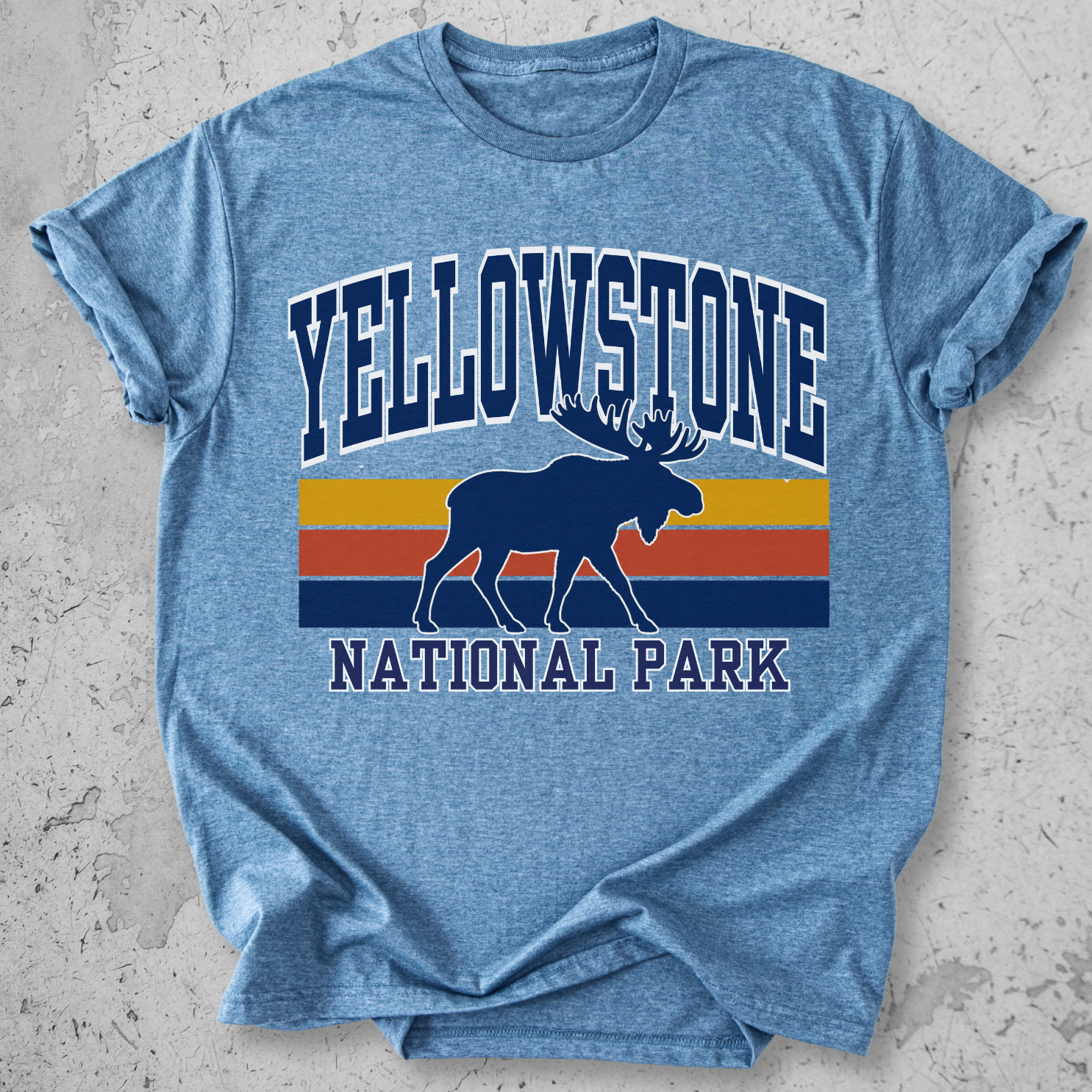 Yellowstone National Park moose retro blue stripe t-shirt  navy gold vintage graphic tee