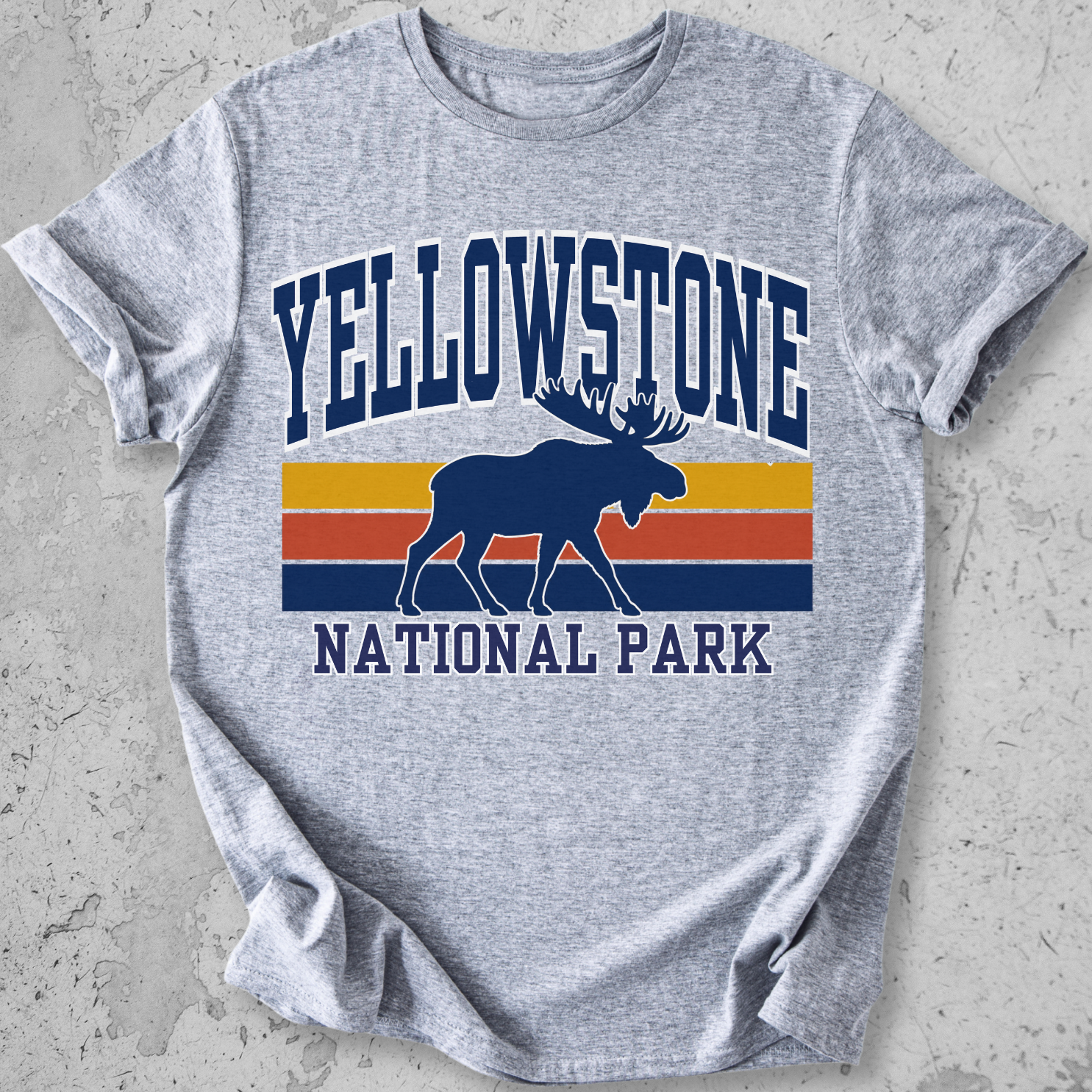 Yellowstone National Park moose retro  grey  stripe t-shirt  navy gold vintage graphic tee