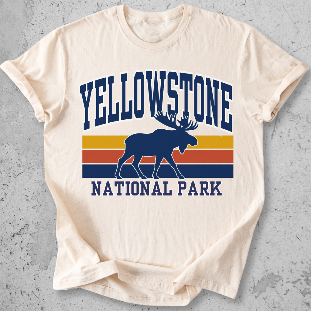 Yellowstone National Park moose retro ivory stripe t-shirt  navy gold vintage graphic tee