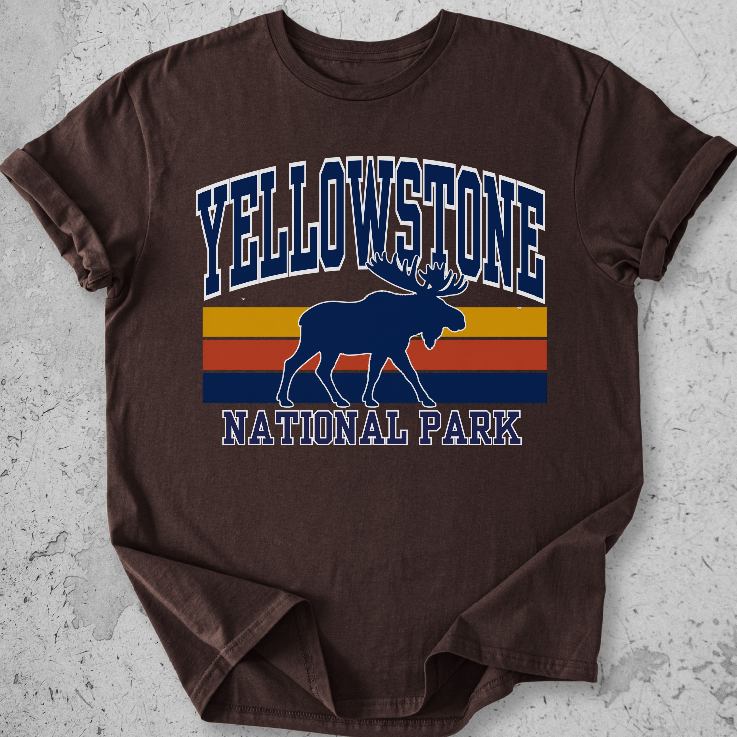 Yellowstone National Park moose retro stripe t-shirt Expresso navy gold vintage graphic tee