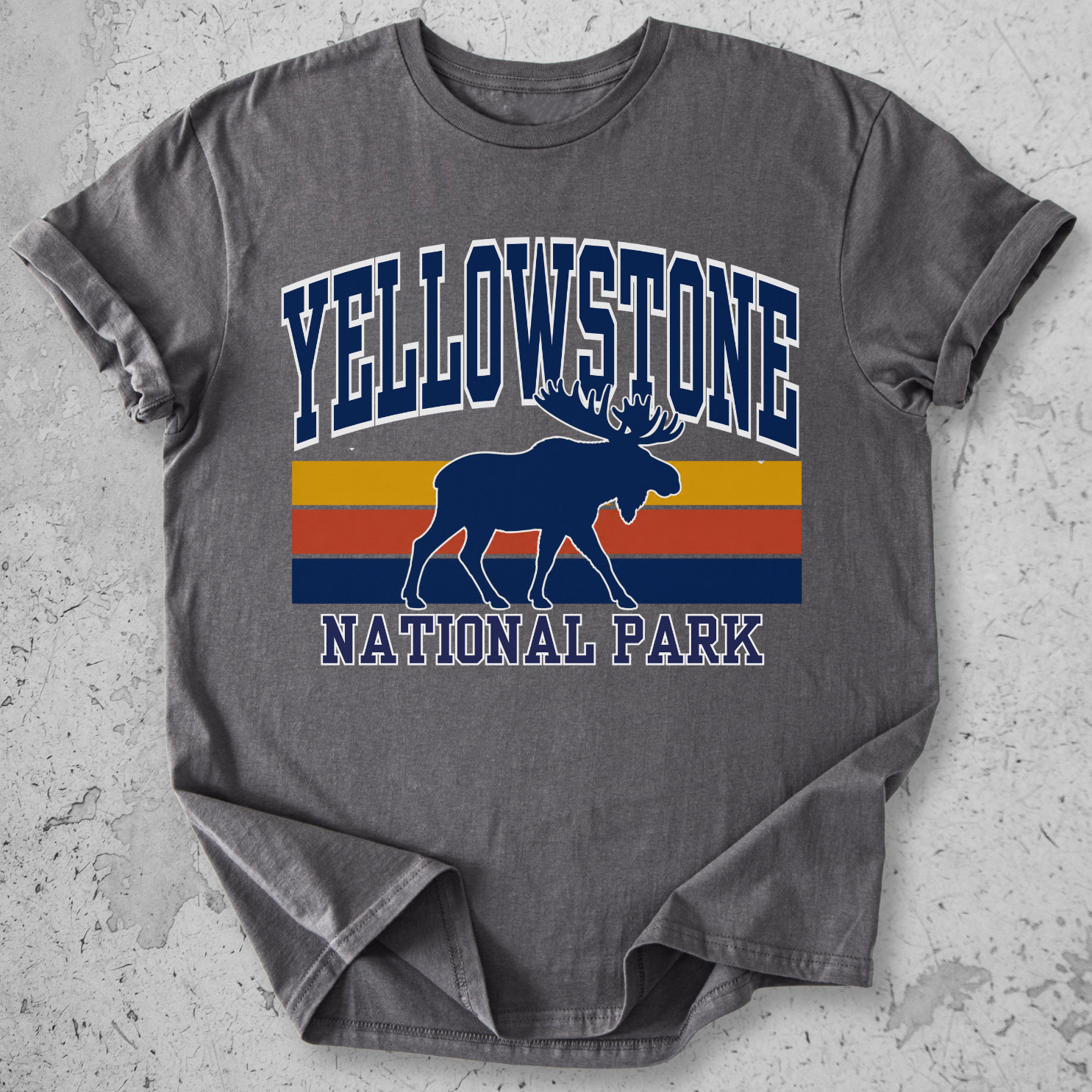 Yellowstone National Park moose retro stripe t-shirt charcoal navy gold vintage graphic tee