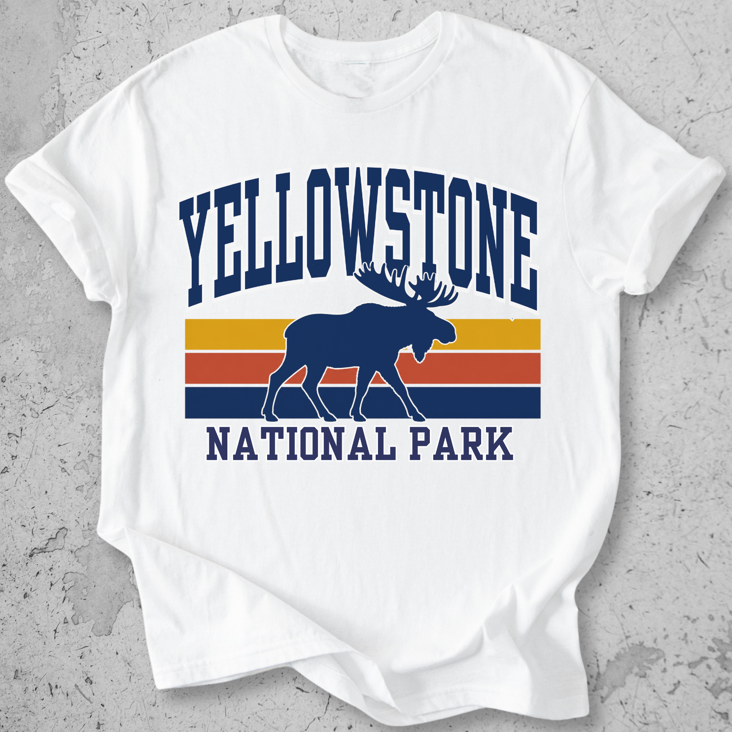 Yellowstone National Park moose retro White stripe t-shirt  navy gold vintage graphic tee