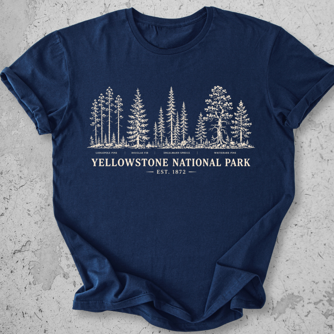 Yellowstone National Park vintage tree species botanical t-shirt in Navy