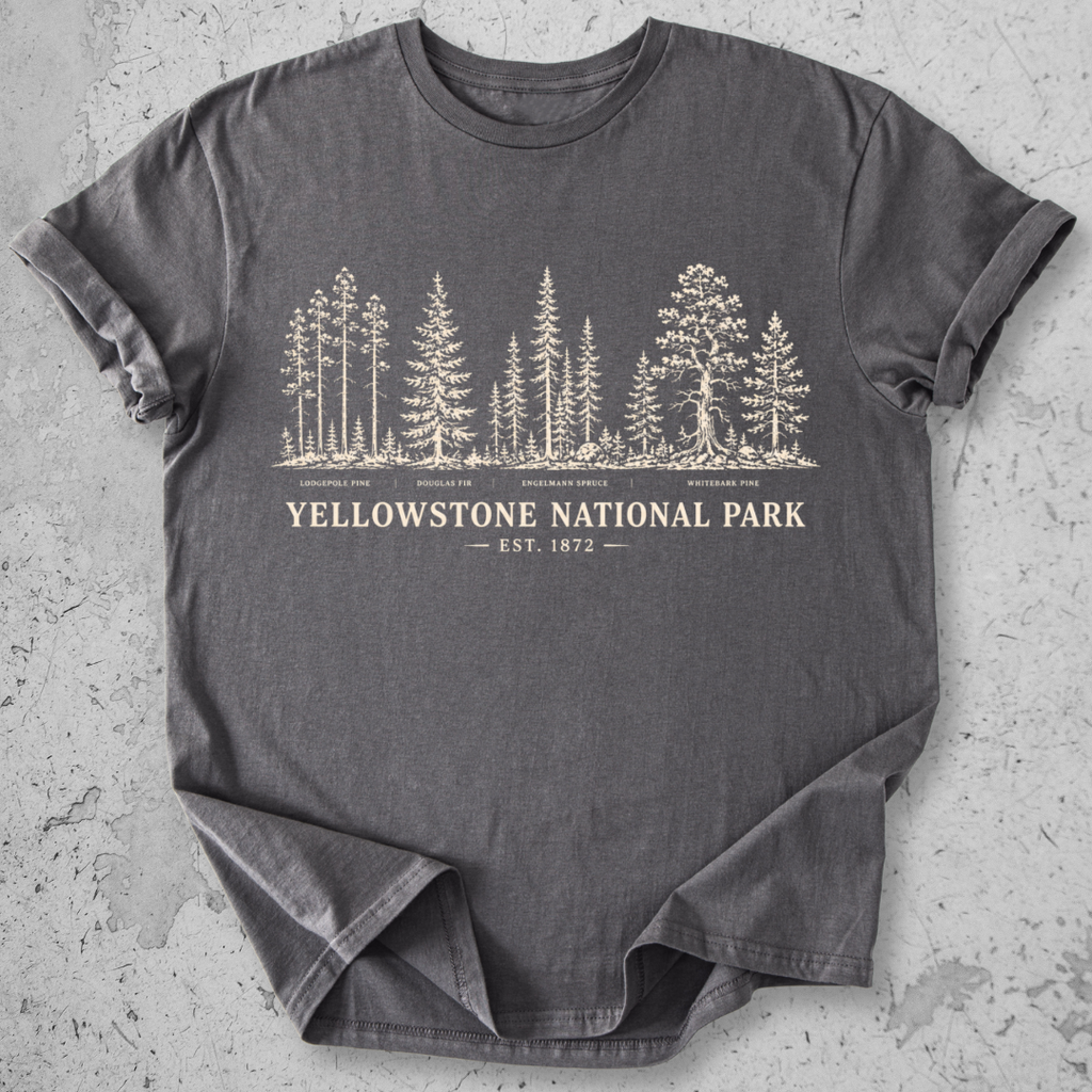 Yellowstone National Park vintage tree species botanical t-shirt in Charcoal 