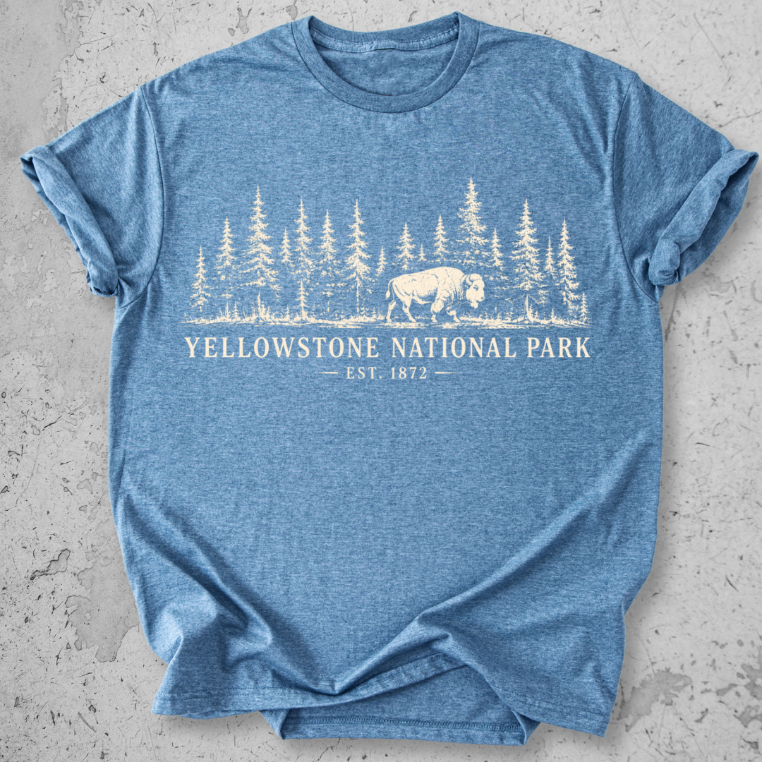 Yellowstone National Park vintage bison wildlife t-shirt in Heather Indigo 