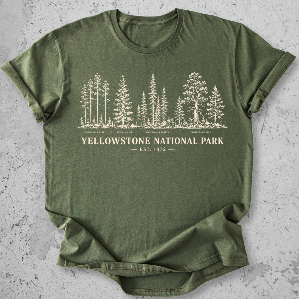 Yellowstone National Park vintage tree species botanical t-shirt in Military Green