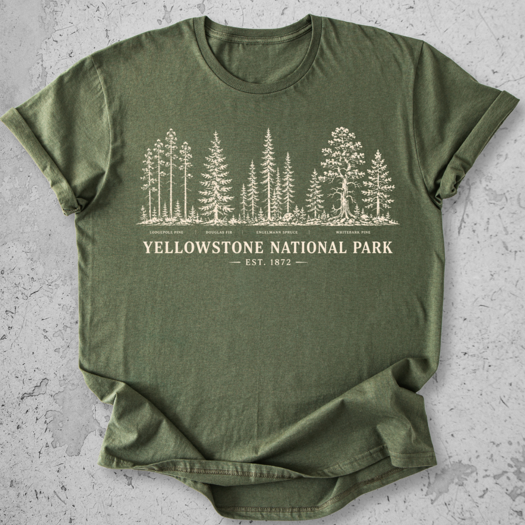 Yellowstone National Park vintage tree species botanical t-shirt in Military Green