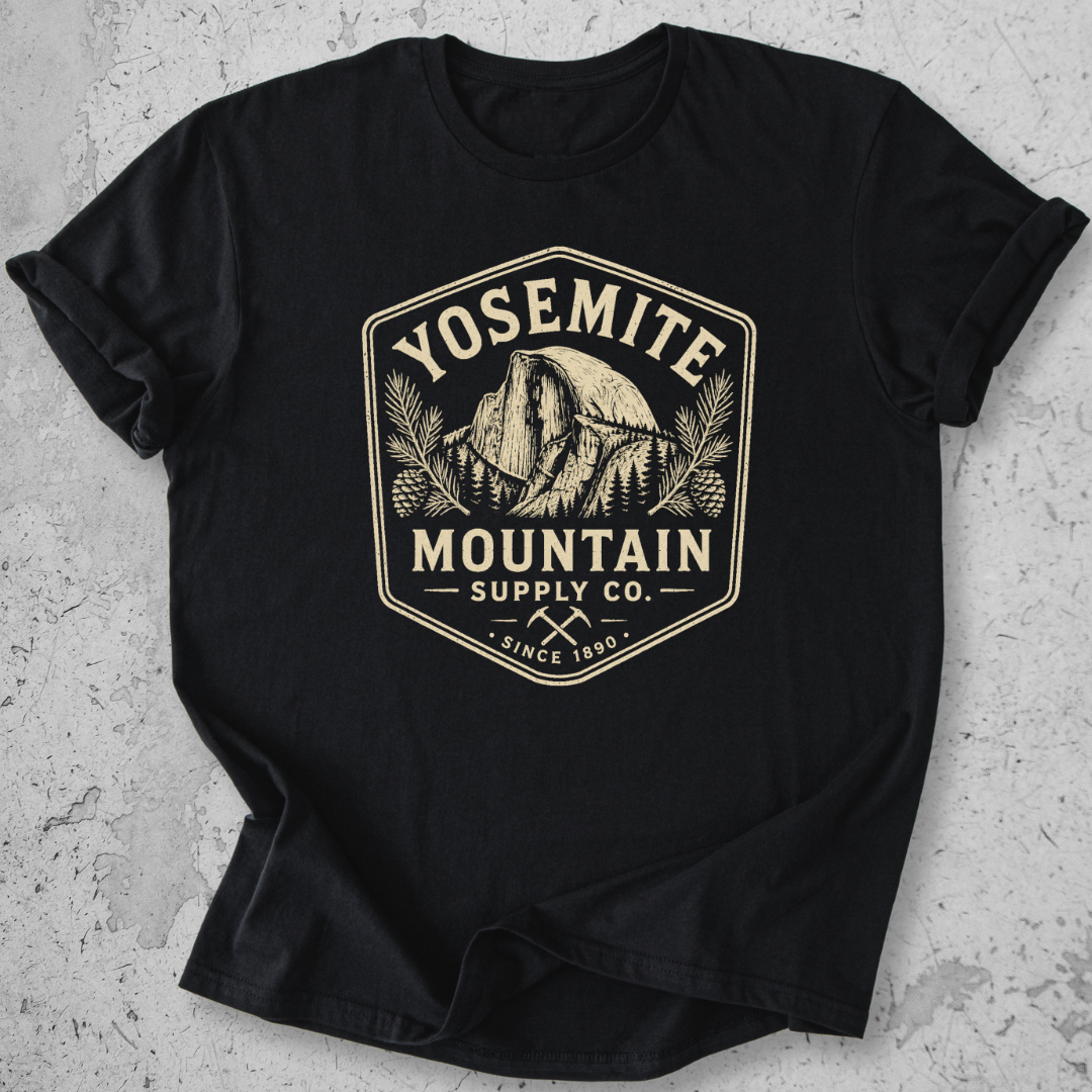 Yosemite Mountain Supply Co t-shirt Black  Half Dome badge graphic tee since 1890
