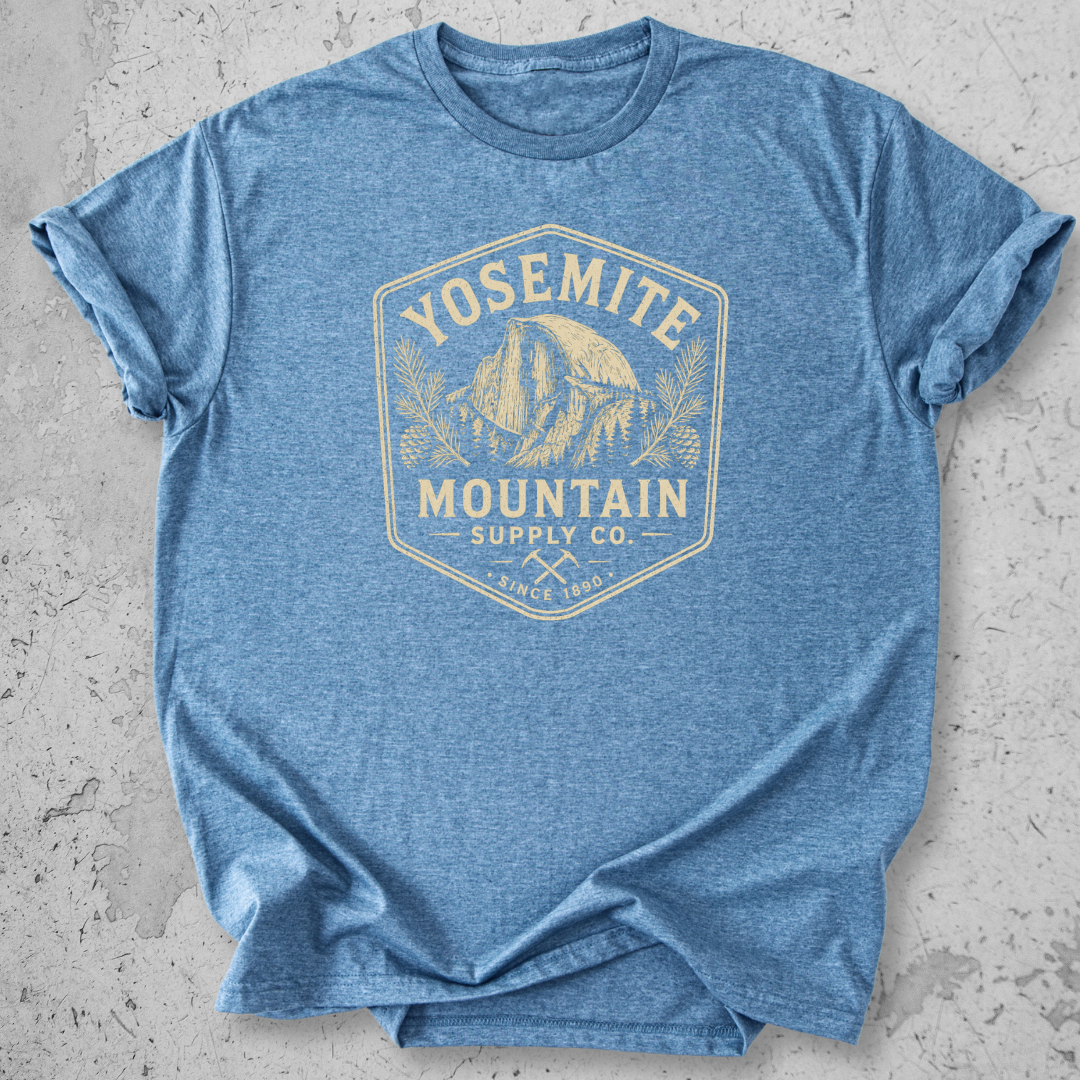 Yosemite Mountain Supply Co t-shirt Blue Half Dome badge graphic tee since 1890