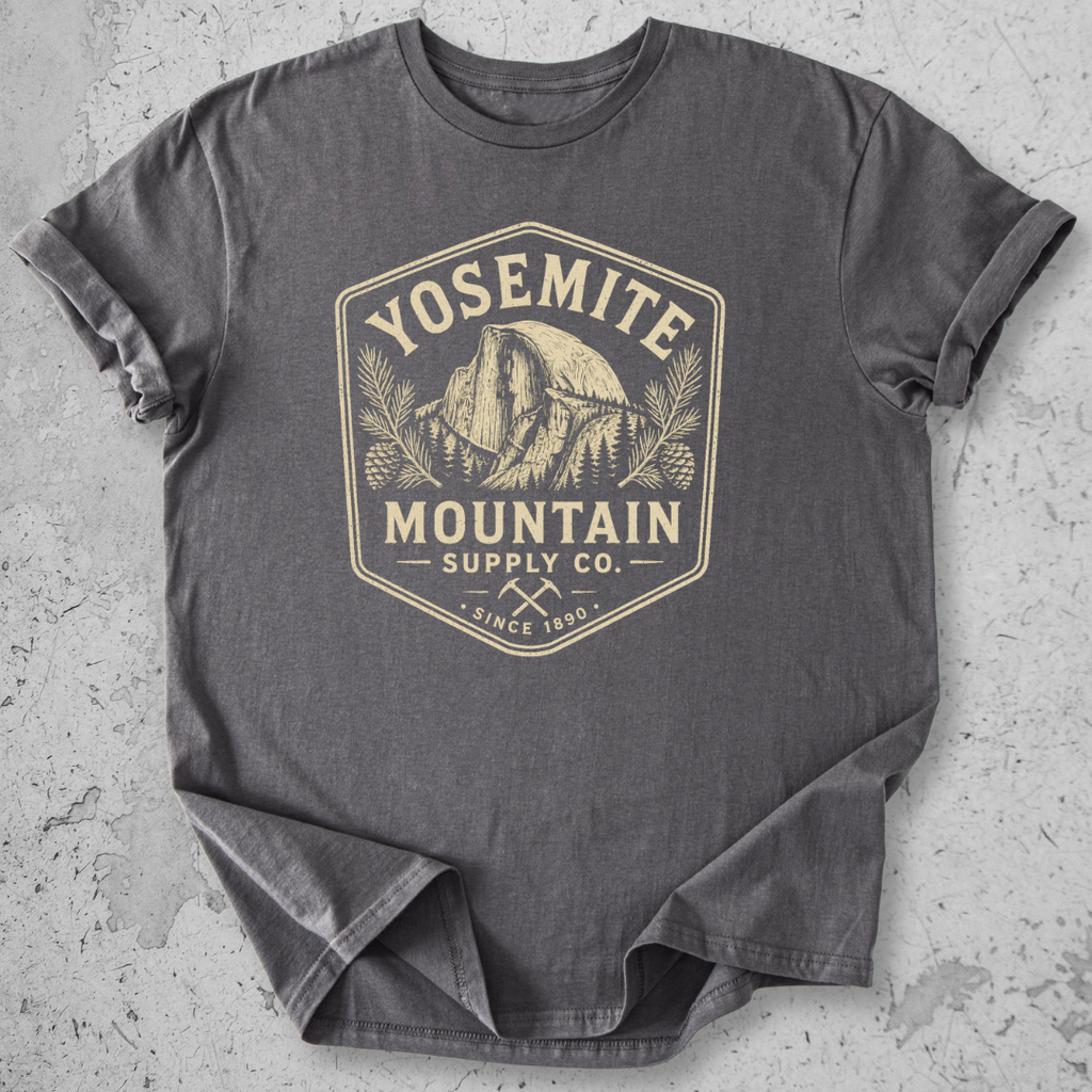 Yosemite Mountain Supply Co t-shirt Charcoal  Half Dome badge graphic tee since 1890