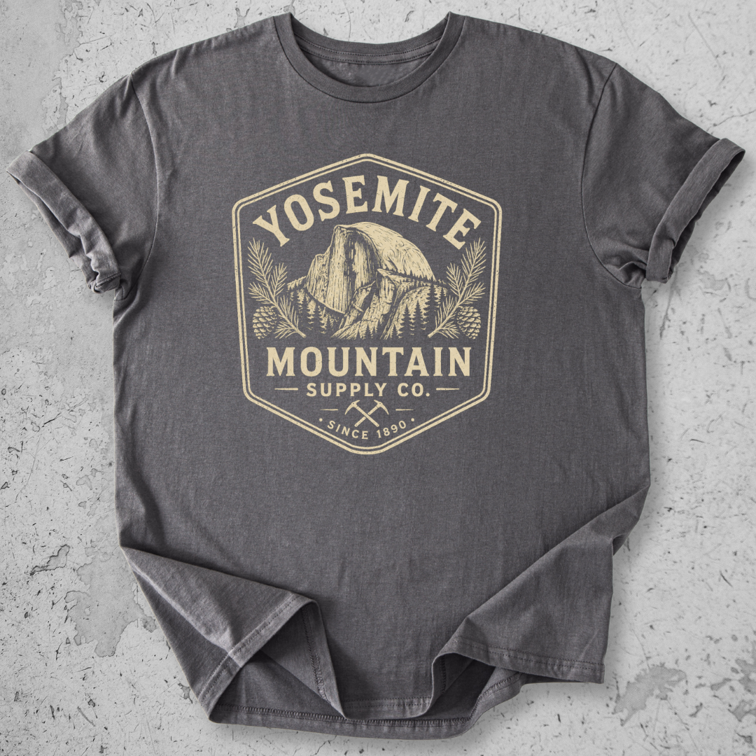 Yosemite Mountain Supply Co t-shirt Charcoal  Half Dome badge graphic tee since 1890