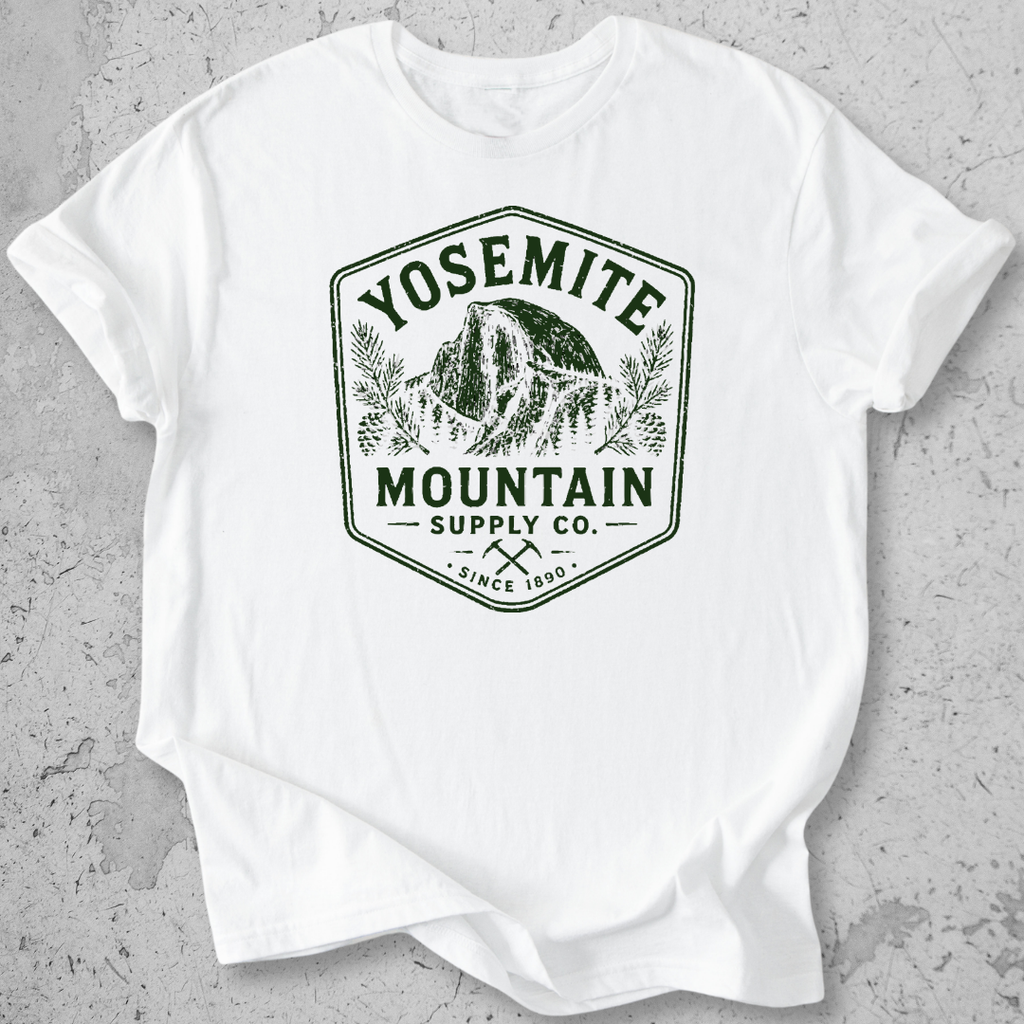 Yosemite Mountain Supply Co t-shirt White  Half Dome badge graphic tee since 1890
